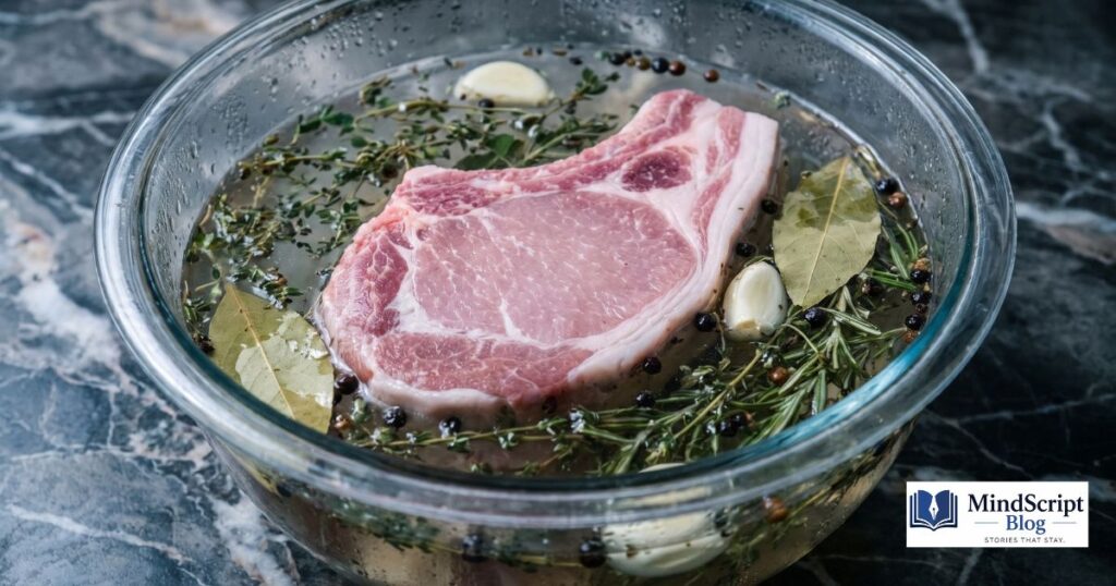 brining thick bone in pork chop in herb garlic salt mixture