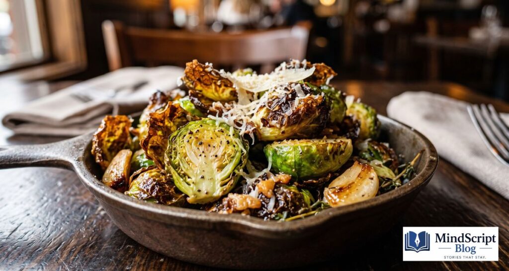 close up of crispy saltgrass style brussels sprouts with caramelized edges and tender centers