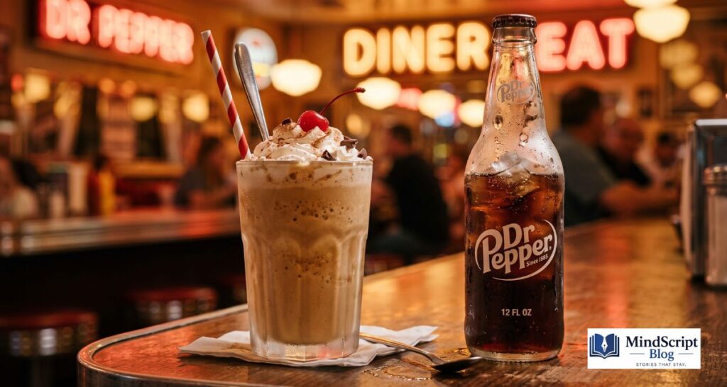 Dr Pepper Shake recipe with a creamy milkshake next to an ice-cold vintage soda bottle in a retro diner