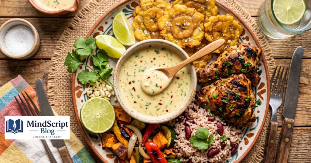creamy poyo poyo sauce served with grilled chicken plantains rice and beans