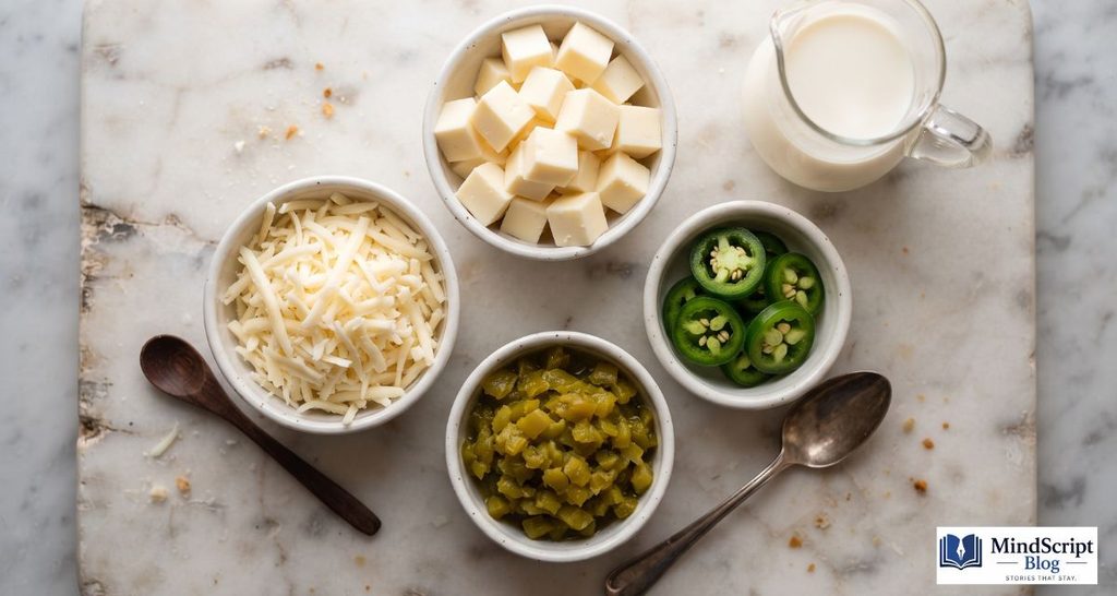 fresh ingredients for mexican cheese dip including white american cheese jalapenos and green chiles
