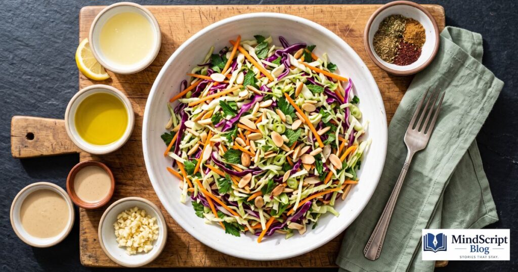 homemade cava cabbage slaw with fresh vegetables herbs and mediterranean dressing ingredients