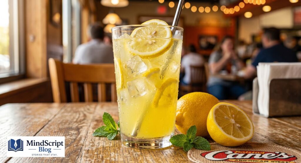 homemade raising canes style lemonade served with fresh lemons and ice