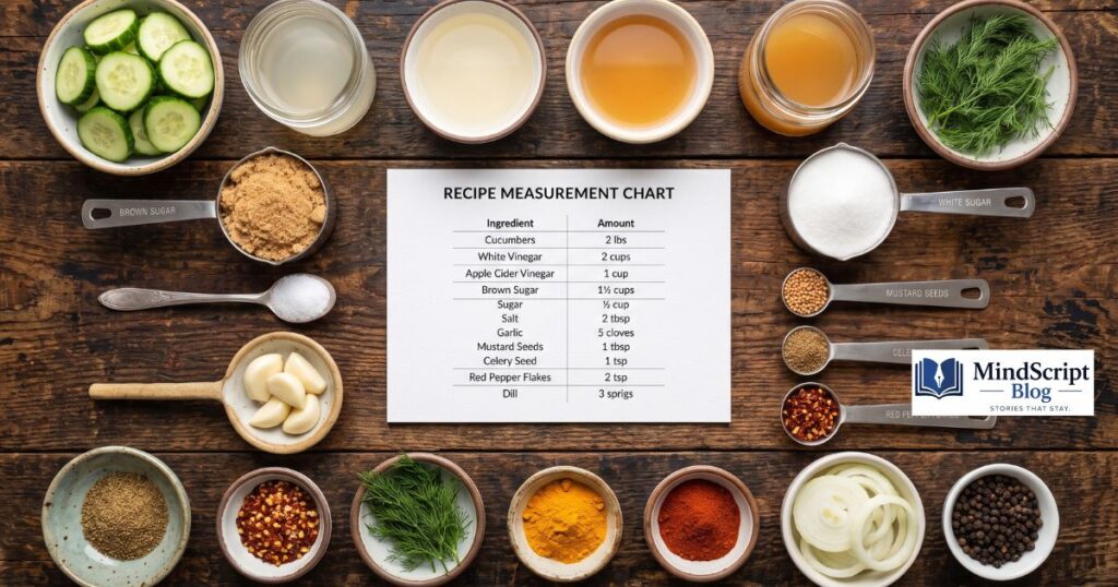 ingredients and measurements for famous daves sweet and spicy pickles recipe arranged on a wooden table