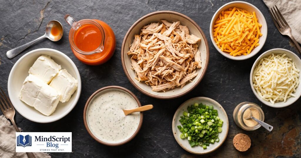 ingredients for copycat topgolf buffalo chicken dip including shredded rotisserie chicken cream cheese ranch dressing and franks redhot sauce