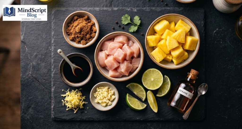 ingredients for maui pineapple chicken including chicken fresh pineapple soy sauce and ginger