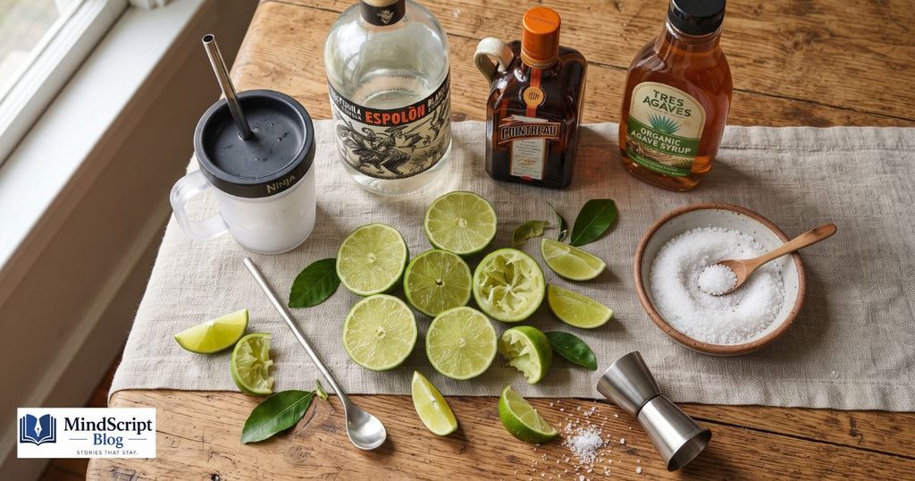 ingredients for ninja slushi margarita recipe including tequila and fresh lime juice