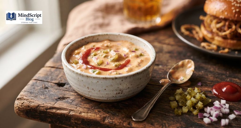jack in the box secret sauce recipe served in a small bowl with fresh ingredients on a rustic wooden table