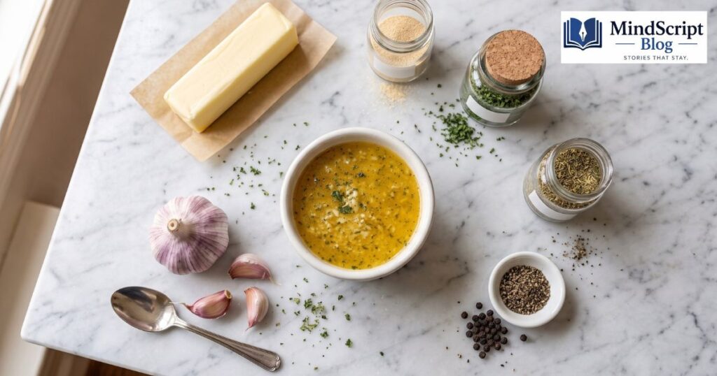 Ingredients and preparation overview for homemade Little Caesars garlic butter