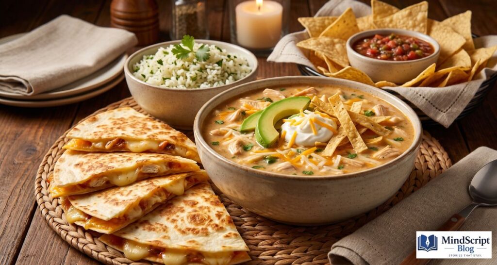 meal pairing bowl of chicken tortilla soup served with quesadillas cilantro lime rice and tortilla chips