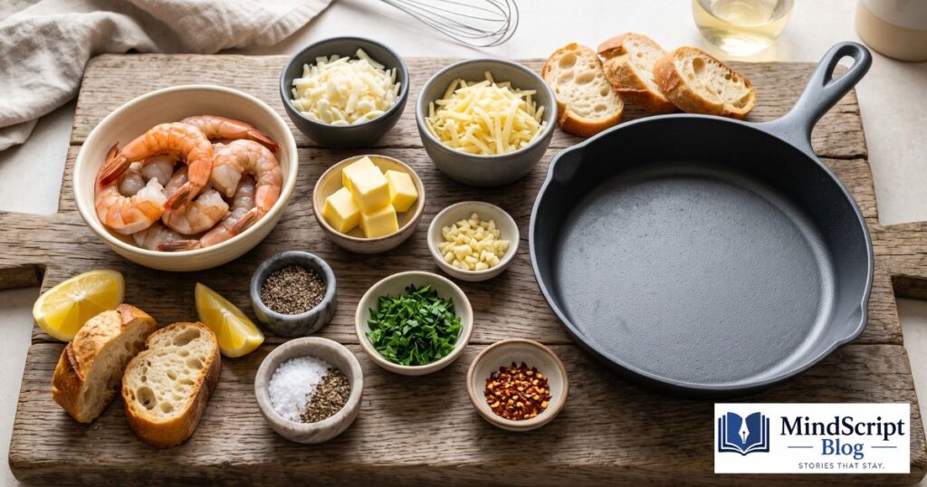shrimp cargot recipe ingredients including jumbo shrimp havarti cheese garlic butter parsley lemon and french baguette