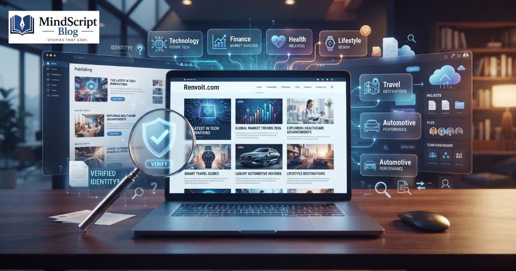 renvoitcom website identity showing technology finance health lifestyle travel and automotive content with information verification